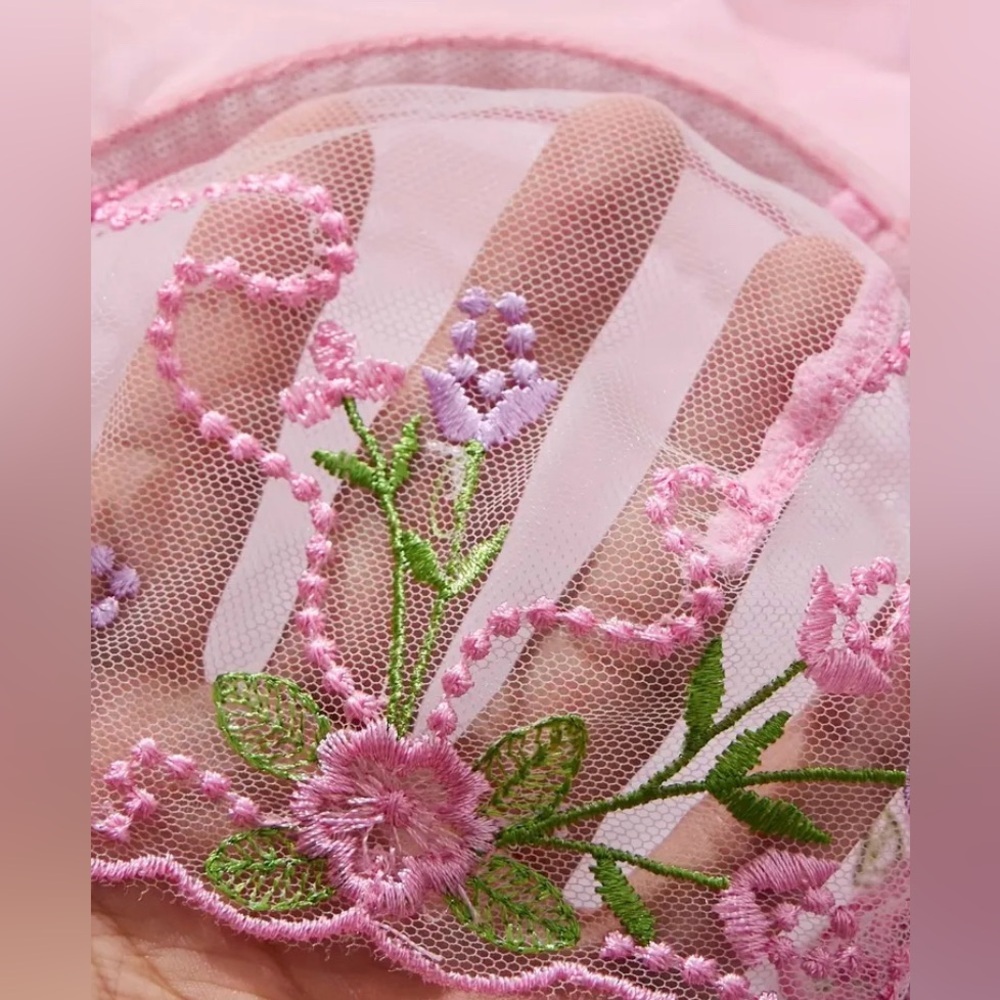 🎀🌷 Ethereal Pink Floral Embroidered Garter Lingerie Set Corset Bra & Thong 🌷🎀 - Picture 4 of 16